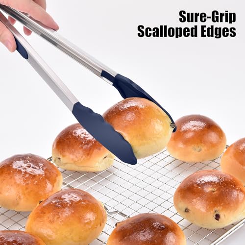 Kitchen Tongs with Silicone Tips for Cooking Serving (Set of 3 (7+9+12in) / Navy Blue)