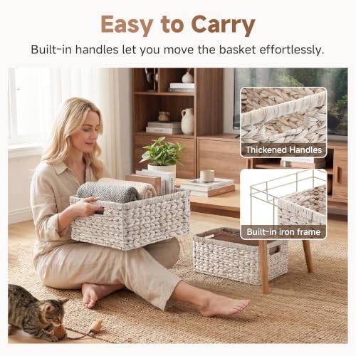 Large Wicker Baskets for Storage (White (Water Hyacinth) / 15"L x 11"W x 7"H + 13"L x 9"W x 6¼"H)