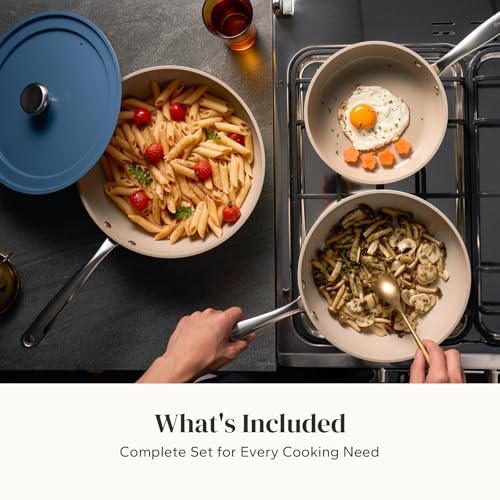 Ceramic Frying Pans Set Nonstick with Lid 4Pcs Cooking Pan Skillets (Blue / 8/9.5/11" with Lid)
