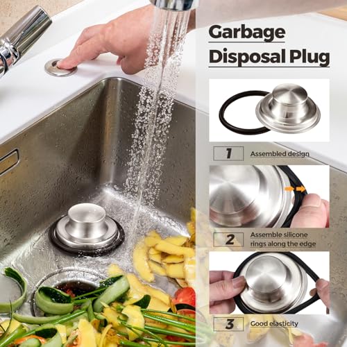 3 Pcs Kitchen Sink Drain Strainer and Stopper Stainless Steel Garbage Disposal Plug with Handle Universal Anti (Brushed Silver)