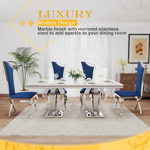 7 Piece Luxury Dining Room Set (Silver White + Blue / Dining Table + 6 High Back Chairs)