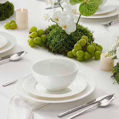 12Pcs Hammered Rim White Bone China Set (White-hammered / service for 4-12pcs)