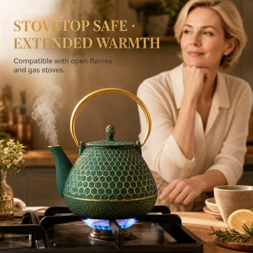 54oz Cast Iron Tea Kettle for Stovetop (54oz Dark Green Hexagon Pattern)