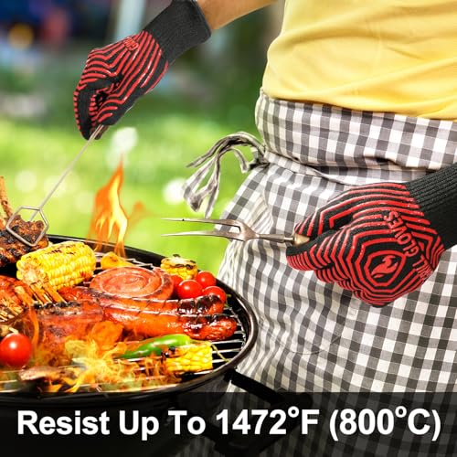 BBQ Gloves BBQ Accessories 1472℉ Extreme Heat Resistant (Black Red / One Size Fits Most(Regular Cuff))