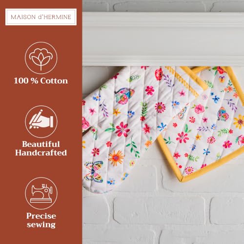 100% Cotton Oven Mitt & Pot Holder Set (034 - Happy Florals - Sweety / 7.5" x 13" & 8" x 8" (Oven Mitt & Pot Holder))