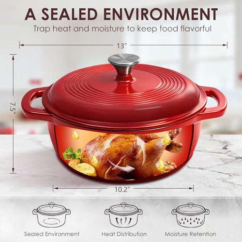 Enameled Cast Iron Dutch Oven Pot With Lid (Red)