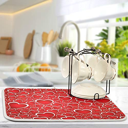 Valentines Day Red Hearts Dish Drying Mat for Kitchen Counter Absorbent Microfiber Large Drying Pad Dish mats for Kitchen Countertops 18 x 24 Inch (Red Hearts / 18" x 24")