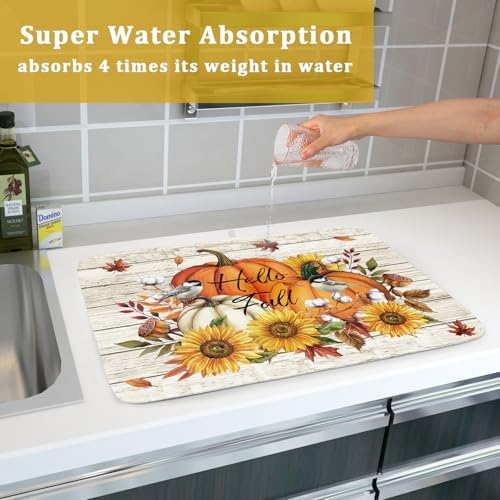 Hello Fall Dish Drying Mat Autumn Pumpkin Dish Drainer Rack Mats 18"x24" Fast Dry Microfiber Dish Drying Pad for Kitchen Countertop Table (Pumpkin Sunflower / 18" x 24")