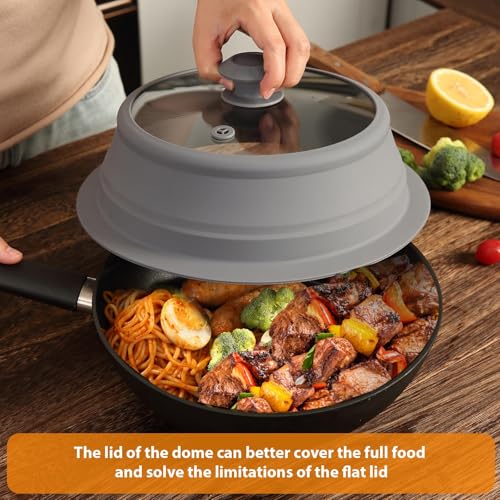 Collapsible Microwave Splatter Lid with Vented Tempered Glass Cover Wok Lid for Microwave Safe (11-12.5 inch / Grey)