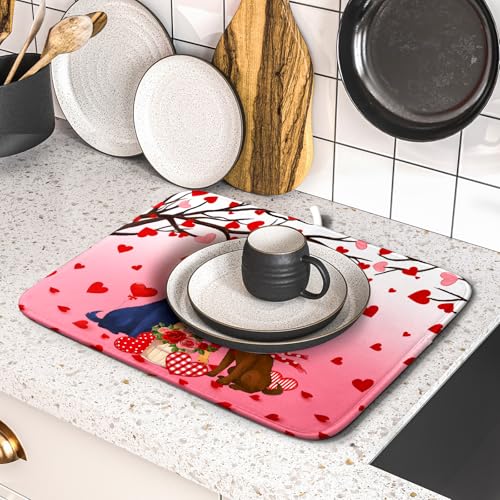 Love Dog Dish Drying Mat 16"x18" Red Heart Microfiber Dish Drainer Mat Hanging Loop Absorbent Fast Dry Pad Kitchen Counter Bar Accessories (Love Dogs / 16" x 18")