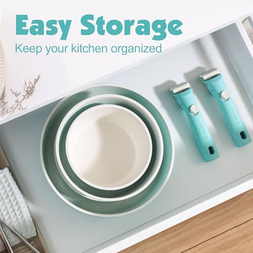 17 Piece Ceramic Detachable Handle Pots and Pans Set Turquoise (Turquoise / 17 Piece)