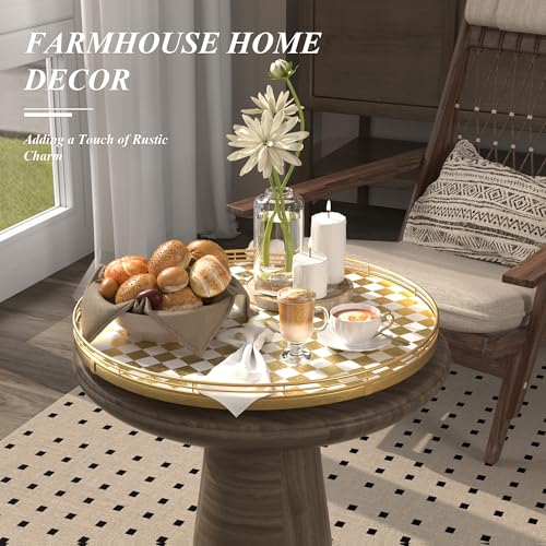 Gold and White Checkerboard Lazy Susan with Rubberwood Base and Metal Rail (Gold & White / 18 inches)