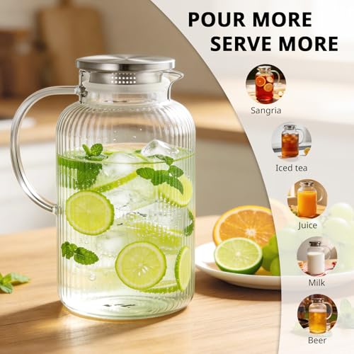 1 Gallon Glass Pitcher with Lid and Handle (Stripes Clear / 128 Ounces)