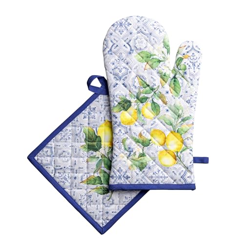 100% Cotton Oven Mitt & Pot Holder Set (030 - Citrus / 7.5" x 13" & 8" x 8" (Oven Mitt & Pot Holder))