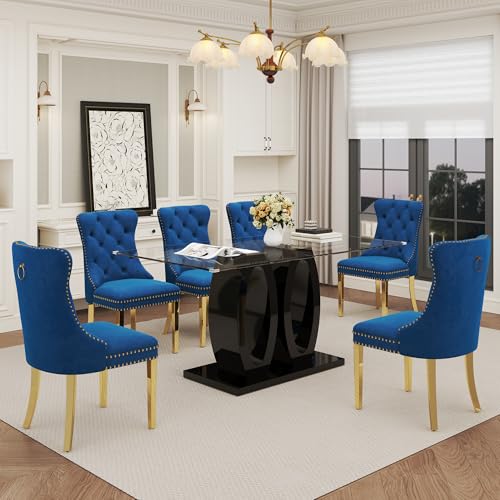 63" Glass Dining Table Set for 6 (Black Table & Gold Blue Chair / 7-Piece Set-Double O-Shaped Table)