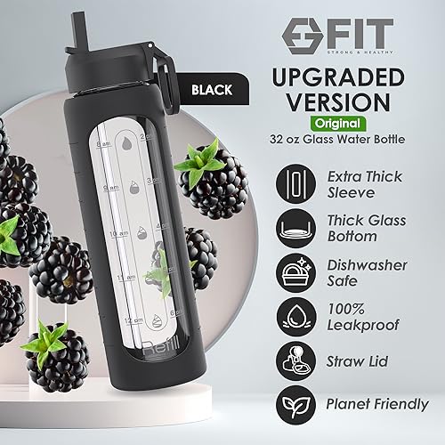 32 oz Glass Water Bottle with Time Marker Straw Lid Big Reusable Leakproof (Black Sleeve)
