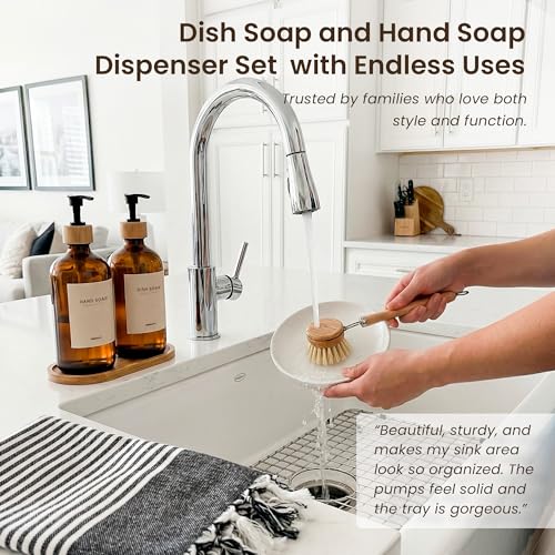 Dish Soap Dispenser Set (Amber Bottles Black Bamboo Pumps)