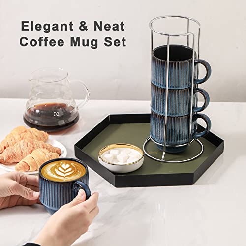 Navy Coffee Mugs Porcelain Set of 4 with Rack (Navy / 12 Ounces)