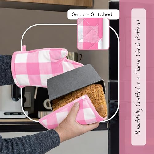 Buffalo Plaid Check Oven Mitts and Pot Holders Set of 4 (Buffalo, Rose Pink)