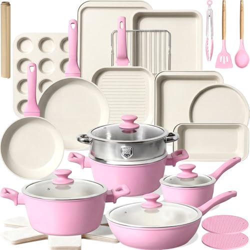 31 Piece Pots and Pans Set Non Stick Kitchen Cookware Sets (Pink&White / 31 Pieces)