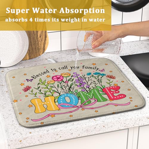 Lovely Home Dish Drying Mat for Kitchen Counter Sweet Family Decoration Absorbent Microfiber Coffee Mat 16 x 18 In (Cute Home 18 / 18" x 16")