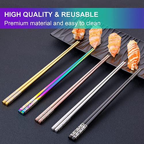 Metal Chopsticks Reusable 5 Pairs Multicolor Stainless Steel Chopsticks Dishwasher Safe Square Lightweight Non