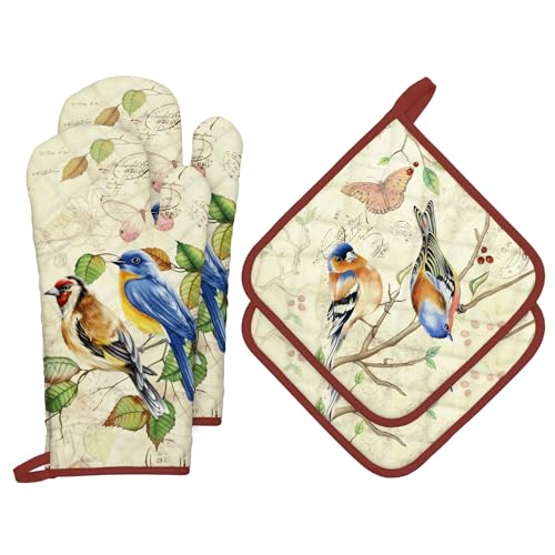 Vintage Bird Oven Mitts and Pot Holders Set (Retro Bird / Oven Mitt x2 & Pot Holder x2)