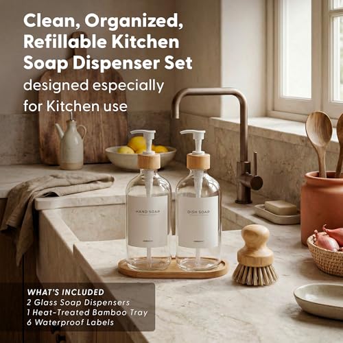 Dish Soap Dispenser Set (Clear Bottles White Bamboo Pumps)