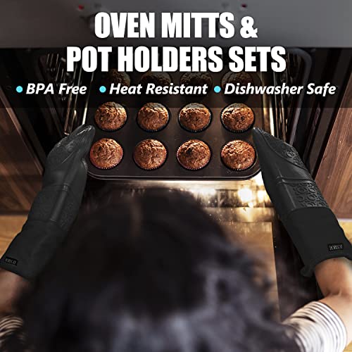 Silicone Oven Mitts and Pot Holders Sets (Black)