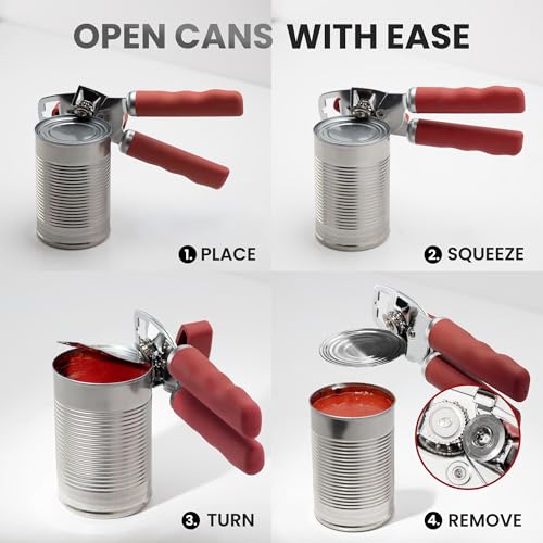 Manual Can Opener Heavy Duty Patented Stainless Steel (Red / Comfy Grip)