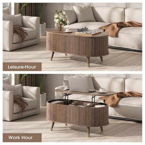Oval Lift Top Coffee Table with Storage for Living Room (Warm Walnut)