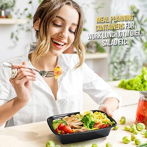 100-Piece (50-Pack) 34 OZ Meal Prep Containers Reusable with Lids, Sturdy Leakproof & Food Safe, Microwave, Freezer, Dishwasher Safe To Go Food Containers, Plastic Take Out Containers, Black (34oz-50pc)