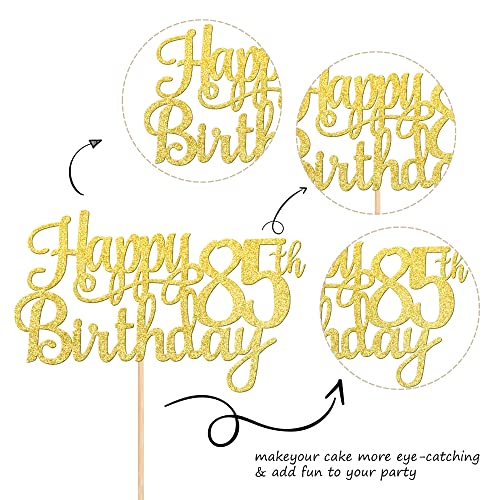 1 PCS Happy 85th Birthday Cake Topper Gold Glitter Cheers to 85 Years Birthday Cake Pick 85 Fabulous Cake Decoration for Happy 85th Birthday Theme Party Decorations Supplies (Gold / 85th)