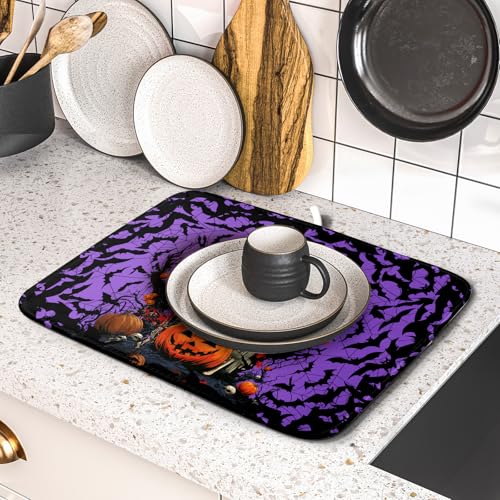 Halloween Pumpkin Dish Drying Mat 16x18 inch Spooky Ghost Bat Dish Rack Mats Microfiber Draining Pad Fast Dry Holiday Kitchen Accessories (Halloween Purple / 16x18 inch)