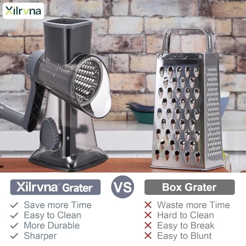 Rotary Cheese Grater with Handle Kitchen Shredder Slicer Grater Slicer Ice Shaver Cheese Vegetable Nuts Potato Zucchini Chocolate 3 Interchangeable Blades