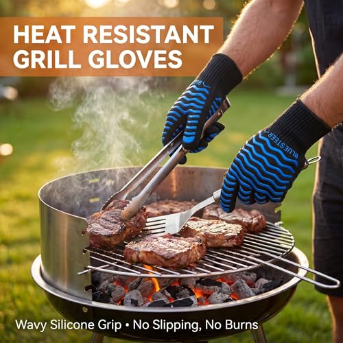 BBQ Gloves 1472°F Heat Resistant Oven Gloves with Fingers (Black-blue / One Size Fits Most)