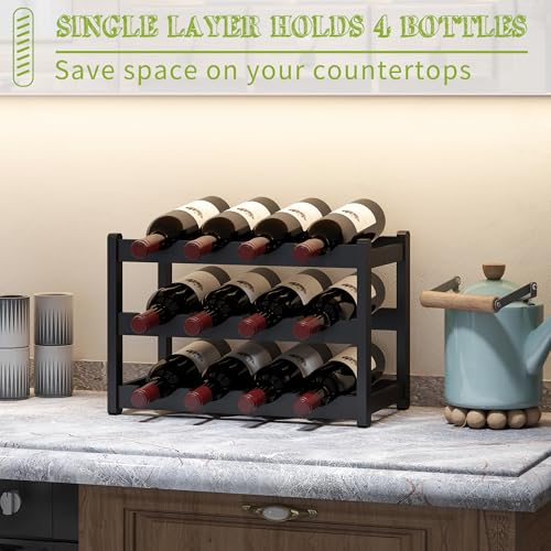 Bamboo Wine Rack Wine Storage Cabinet Shelf 12 Bottle Wine Racks Countertop Sturdy for Kitchen Dining Room Pantry (Black / 3 Tier)
