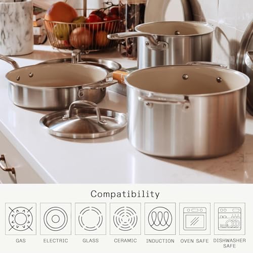 Cookware - 7-Piece CeramiClad Non Stick Pot and Pan Set (Stainless Handle) - 5-Ply Stainless Clad - Professional Cookware - Crafted in Italy - Induction Compatible (Stainless Steel)
