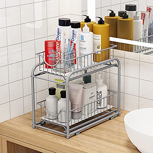 2 Tier Pull Out Organizer Under Sink Sliding Cabinet Rack (Silver)