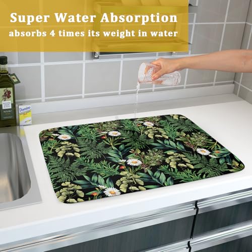 Green Botanical Dish Drying Mat 18x24 Inch Plant Leaf Fast Dry Dish Drainer Rack Mats Absorbent Microfiber Protector for Countertops Sinks (Green Botanical / 24" x 18")