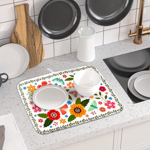 Colorful Boho Floral Dish Drying Mat 16x18 Inch Dishes Dry Pad Drainer Rack Mats Absorbent Hanging Loop Kitchen Counter Bar Accessories (White Boho Floral / 16" x 18")