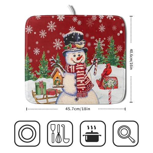 Winter Snowman Dish Drying Mat Red Bird Microfiber Dish Pad 16x18 Inch Absorbent Fast Dry Dishes Draining Mats Holiday Kitchen Accessories (Red Winter Snowman / 16" x 18")