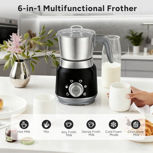 6-in-1 Electric Milk Frother and Steamer with Detachable Cups, Automatic Cold and Warm Foam Maker for Lattes/Cappuccinos/Hot Chocolate, Dishwasher Safe Black (black-4)