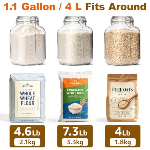 Large Square Glass Jars with Airtight Lids 1.1 Gallon Wide Mouth (Clear 1.1 Gal Square - 2 sets)