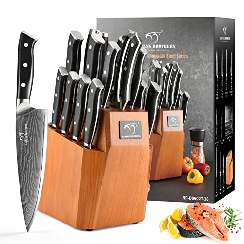 18PCS Damascus Japanese Kitchen Knife Set with Block (Black/Nature / 18 Pieces)