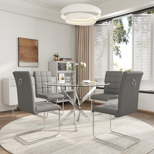 5 Piece Round Glass Dining Table Set (Round Table - 4 Silver Grey Chairs)