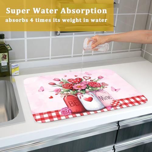 Rose Vase Dish Drying Mat 18x24 inch Romantic Floral Washable Absorbent Dish Dry Pad Fast Dry Drainer Rack Mats Kitchen Counter Accessories (Rose Floral Vase / 18" x 24")