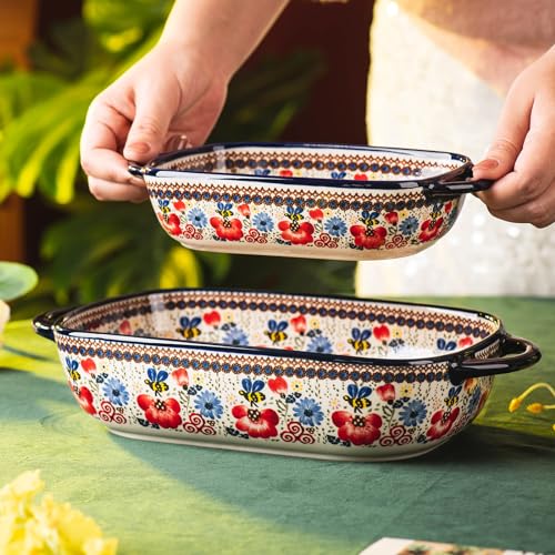 Baking Dish Ceramic Baking Pan Blue Casserole Dish Porcelain rectangular Baking Set 2pcs Bakeware Sets Single Serving Size Lasagna Pan Baking Dishes for oven (Honey Flower)
