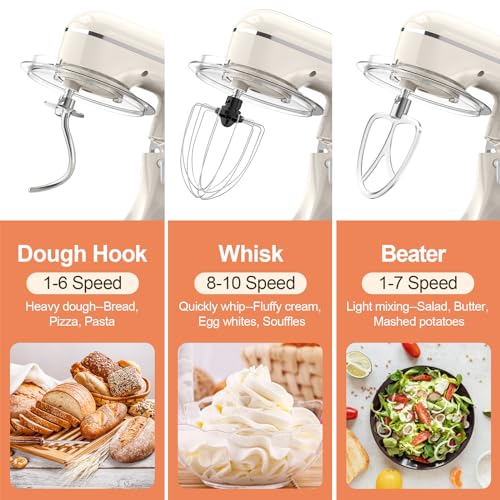3-IN-1 Electric Stand Mixer, 6.5QT Bowl 660W 10-Speed Kitchen Mixer, Household Food Mixers include Dough Hook, Beater and Whisk, Bread Cake Mixer for Baking and Most Home Cooks, Almond Cream (Almond Cream)