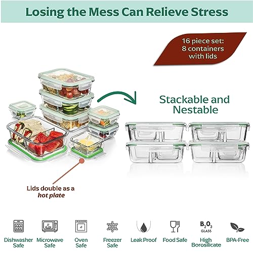 Glass Prep Containers (8 Pack Divided Set)